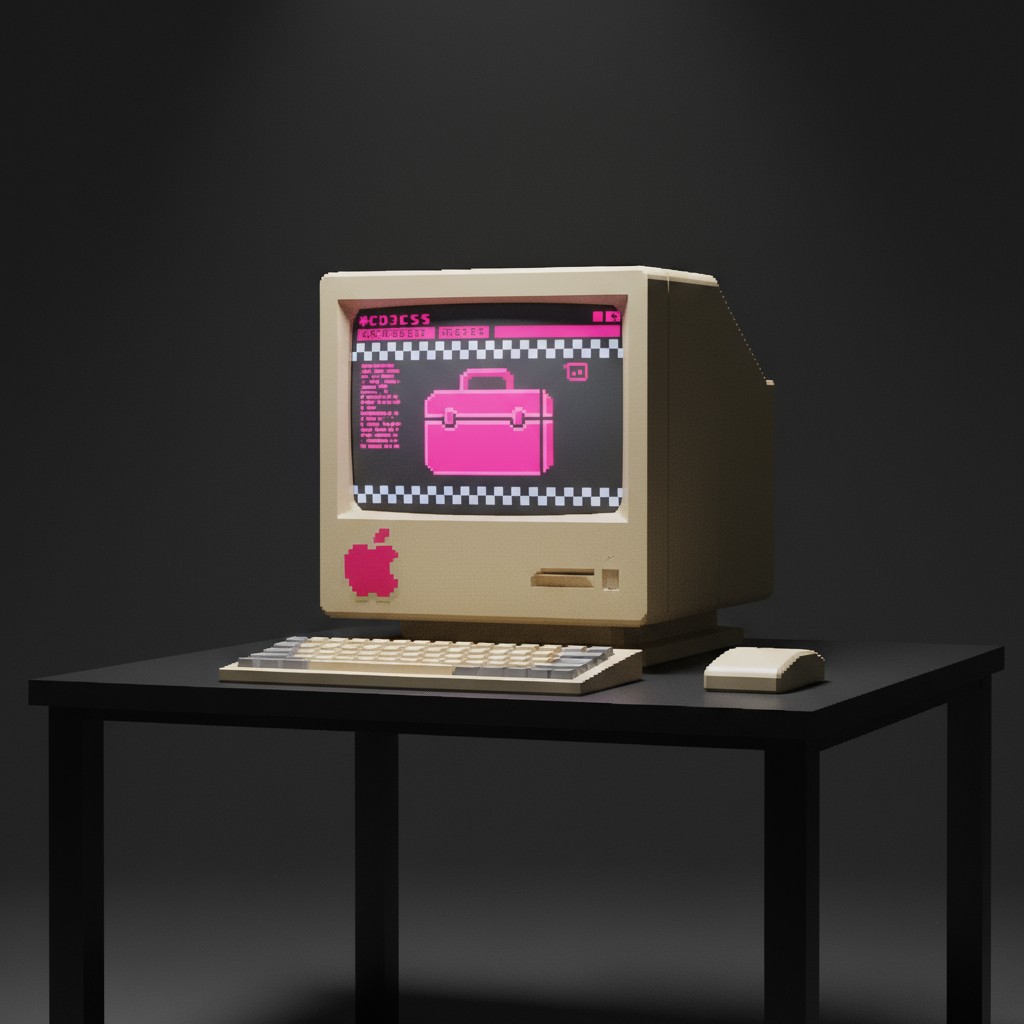 Image of a 3D-rendered model of a beige Apple monitor with a pink briefcase on its screen, sitting alongside a beige keybo...