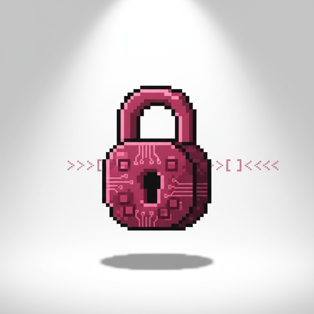 An illustration of a pixelated lock on a white background with some pixelated symbols along its sides.