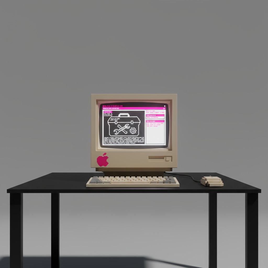A computer system featuring an Apple logo on a 1980s-style tan-tinted computer monitor displaying a toolbox image with a w...
